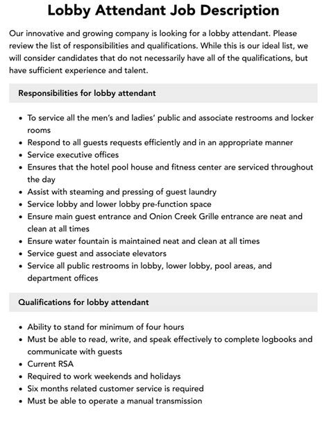 lobby ambassador duties|Lobby Attendant Job Description Template .